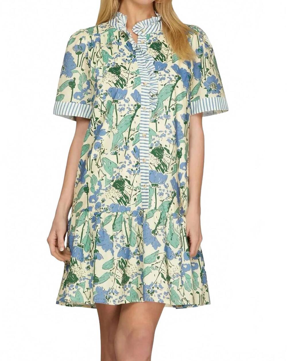 NEW SHE + SKY short sleeve mini printed dress in blue